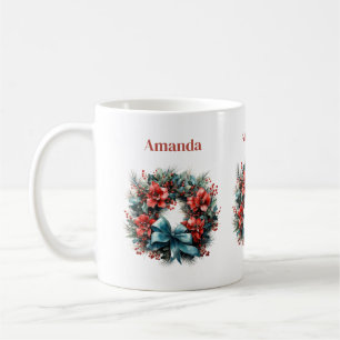 Pine Wreath with Red Flowers and Holly Coffee Mug
