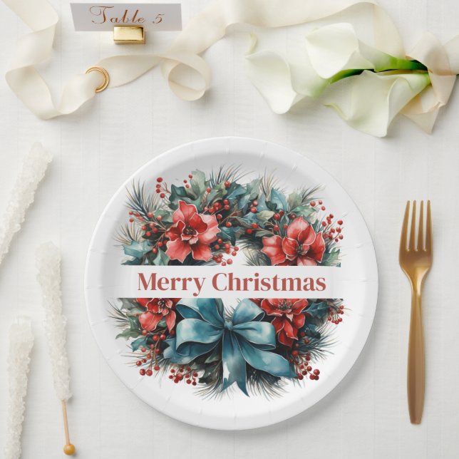 Pine Wreath with Red Flowers and Holly Paper Plate (Wedding)