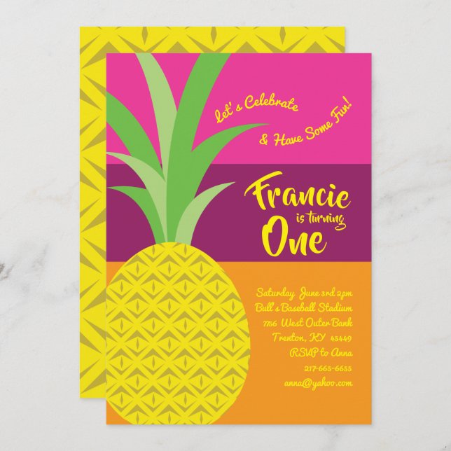 Pineapple 1st Birthday Cute Invitations (Front/Back)