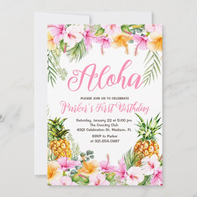 Pineapple Aloha First Birthday Party Invitation (Front)