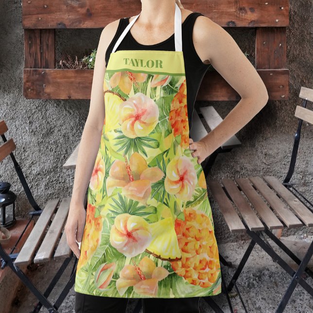 Pineapple and Flowers Personalised Apron (Pineapple and tropical flowers personalized apron)