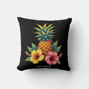 Pineapple and Hibiscus Floral Hawaii Summer Beach  Cushion
