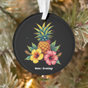 Pineapple and Hibiscus Floral Hawaii Summer Beach Ornament