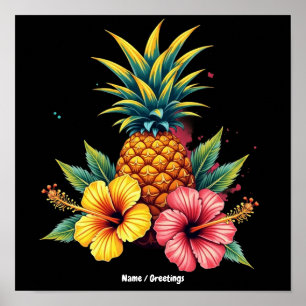 Pineapple and Hibiscus Floral Hawaii Summer Beach Poster