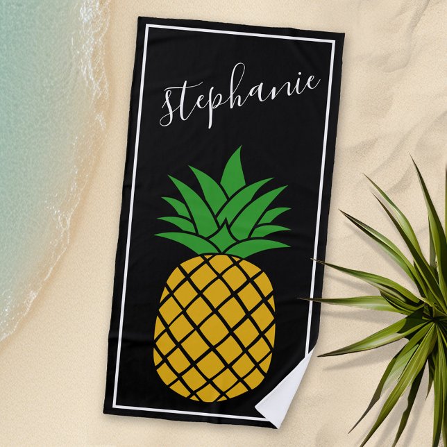 Pineapple and Whimsical black handwritten name Beach Towel (Personalized Beach Towel - Photo Collage -- Whimsical Pineapple with a place to add your name)
