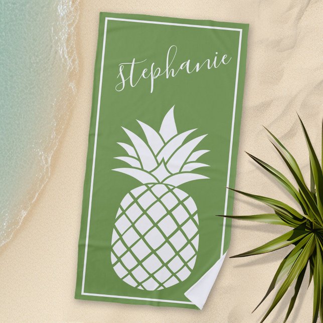 Pineapple and Whimsical green handwritten name Beach Towel (Personalized beach towel with a pineapple and name)