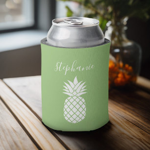 Pineapple and Whimsical green handwritten name Can Cooler