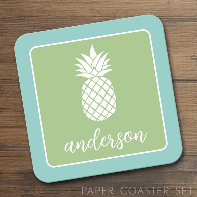 Pineapple and Whimsical green teal - script name Square Paper Coaster (Custom Coaster)