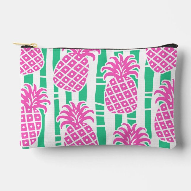 Pineapple Bamboo Stripes Pink & Green Pattern Accessory Pouch (Front)