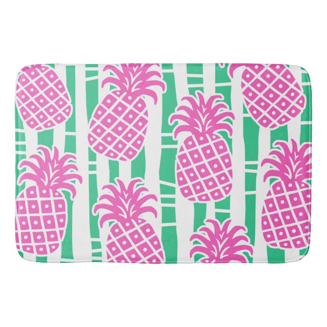 Pineapple Bamboo Stripes Pink & Green Pattern Bath Mat (Front)