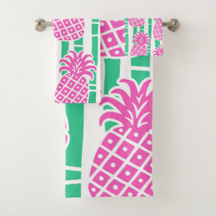Pineapple Bamboo Stripes Pink & Green Pattern Bath Towel Set