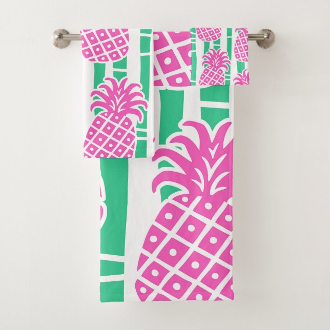 Pineapple Bamboo Stripes Pink & Green Pattern Bath Towel Set (Insitu)
