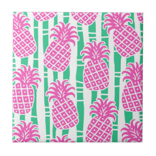 Pineapple Bamboo Stripes Pink & Green Pattern Ceramic Tile