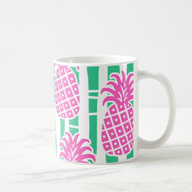Pineapple Bamboo Stripes Pink & Green Pattern Coffee Mug (Right)