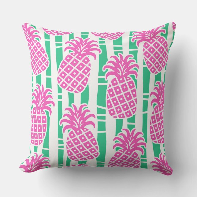 Pineapple Bamboo Stripes Pink & Green Pattern Cushion (Front)