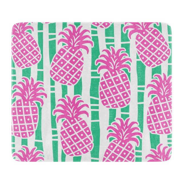 Pineapple Bamboo Stripes Pink & Green Pattern Cutting Board (Front)