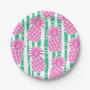 Pineapple Bamboo Stripes Pink & Green Pattern Paper Plate