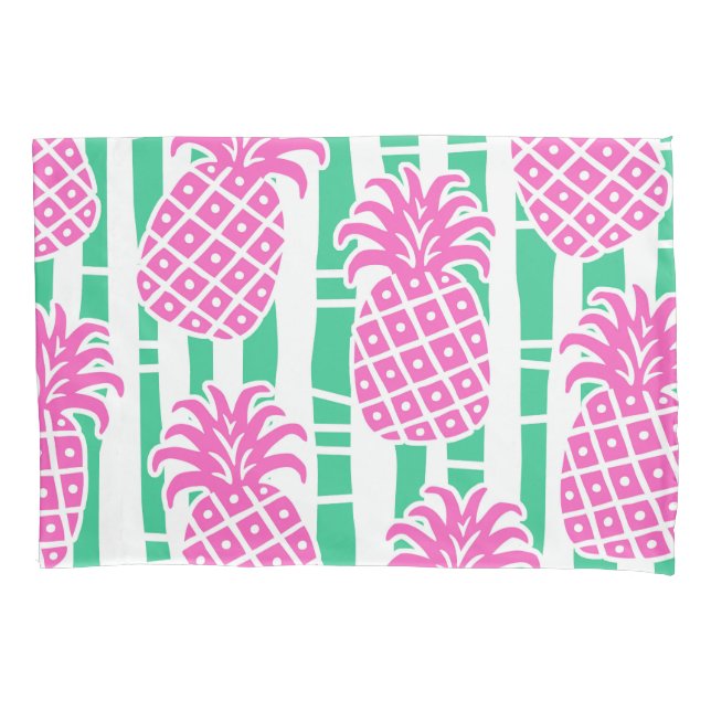Pineapple Bamboo Stripes Pink & Green Pattern Pillowcase (Front-Left)
