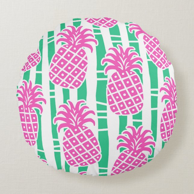Pineapple Bamboo Stripes Pink & Green Pattern Round Cushion (Front)