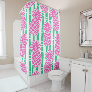 Pineapple Bamboo Stripes Pink & Green Pattern Shower Curtain