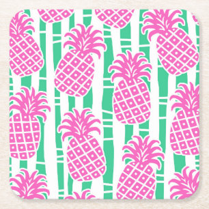 Pineapple Bamboo Stripes Pink & Green Pattern Square Paper Coaster