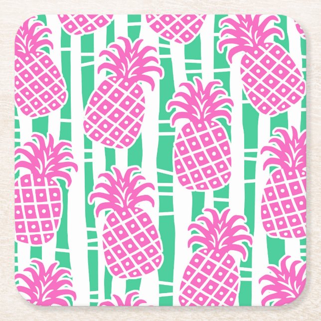 Pineapple Bamboo Stripes Pink & Green Pattern Square Paper Coaster (Front)
