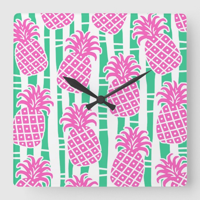 Pineapple Bamboo Stripes Pink & Green Pattern Square Wall Clock (Front)
