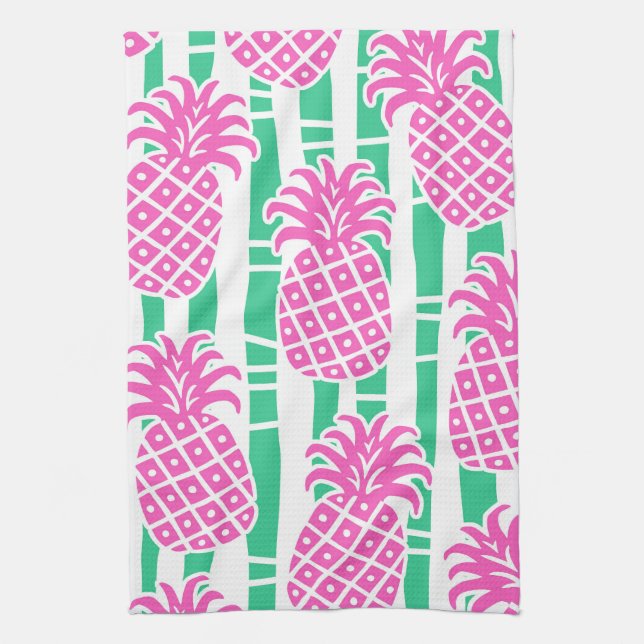 Pineapple Bamboo Stripes Pink & Green Pattern Tea Towel (Vertical)