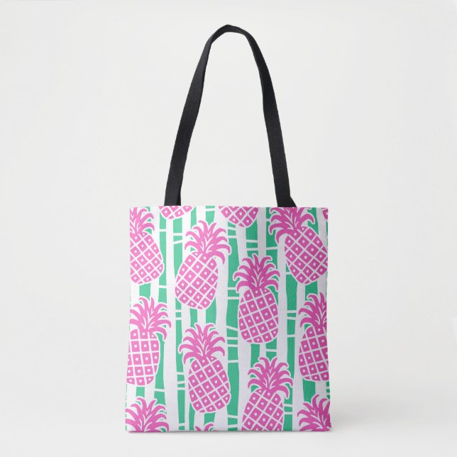 Pineapple Bamboo Stripes Pink & Green Pattern Tote Bag (Front)