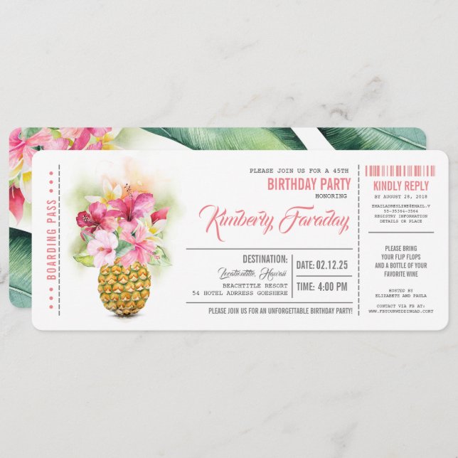 Pineapple Beach Boarding Pass Ticket Birthday Invitation (Front/Back)