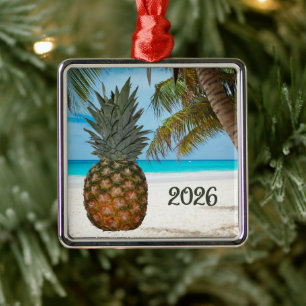 Pineapple, Beach, Palm, Ocean, Metal Ornament