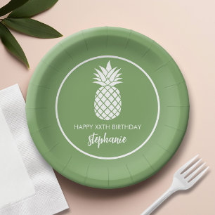 Pineapple Birthday Party Green White Paper Plate
