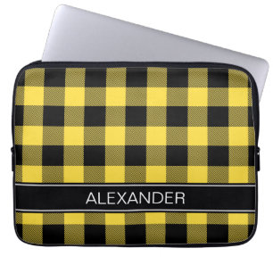 Pineapple Black Buffalo Check Plaid Name Monogram Laptop Sleeve