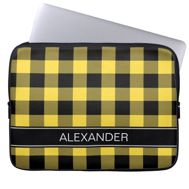 Pineapple Black Buffalo Check Plaid Name Monogram Laptop Sleeve (Front)