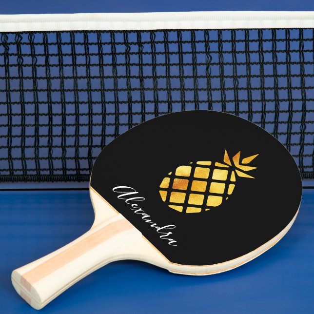 Pineapple black gold monogram script ping pong paddle (Insitu)