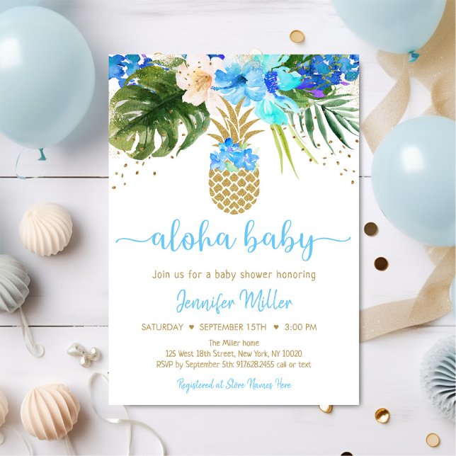 Pineapple Blue Gold Floral Aloha Baby Shower Invitation (Creator Uploaded)