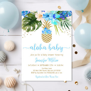 Pineapple Blue Gold Floral Aloha Baby Shower Invitation