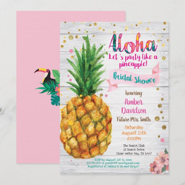 Pineapple bridal shower invitation tropical party (Front/Back)