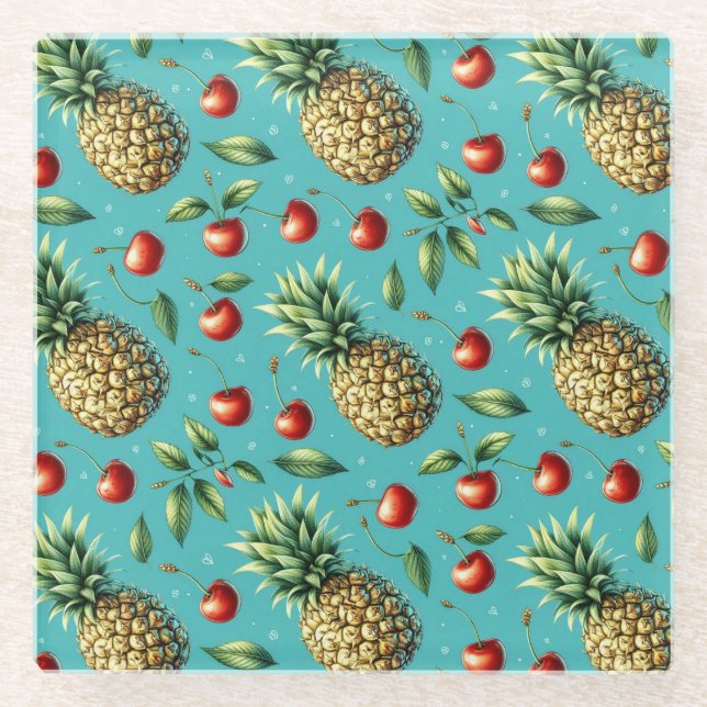 Pineapple Cherry Bliss Glass Coaster (Front)
