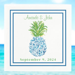 Pineapple Chinoiserie Blue Border Preppy Wedding Napkin