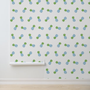 Pineapple Chinoiserie Blue Green Preppy Wallpaper