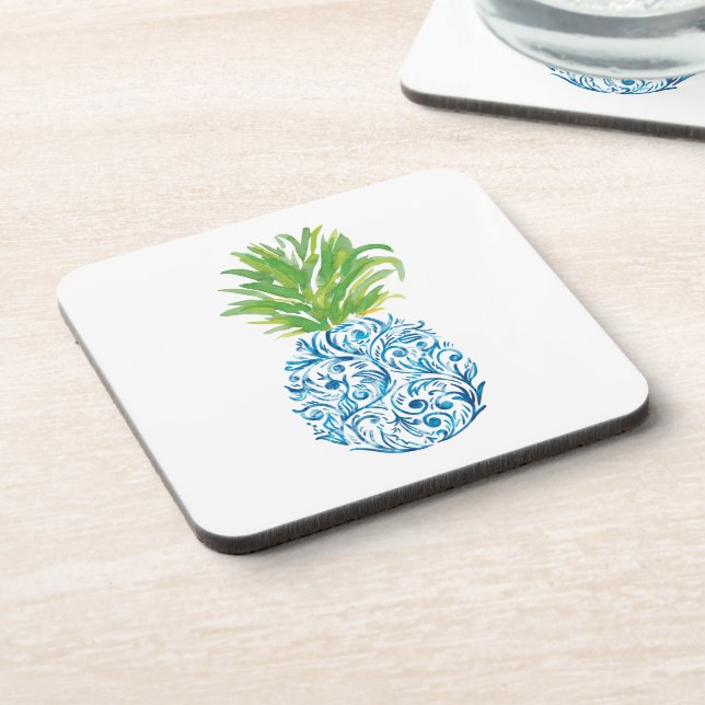 Pineapple Chinoiserie Blue White Preppy Coaster (Left Side)
