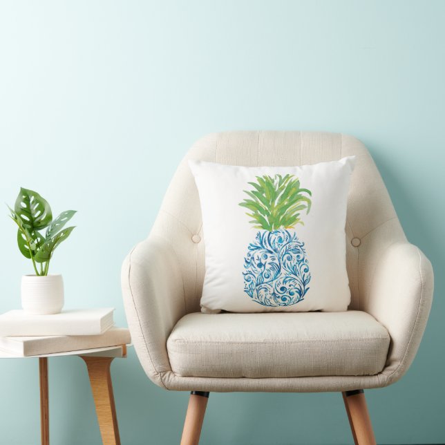 Pineapple Chinoiserie Blue White Preppy Cushion (Chair)