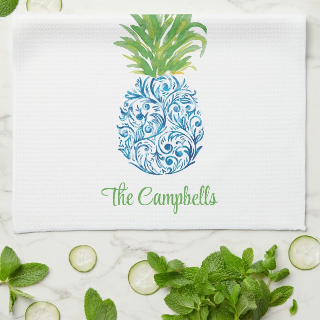 Pineapple Chinoiserie Blue White Preppy Custom Tea Towel (Folded)