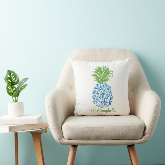 Pineapple Chinoiserie Blue White Preppy Name Cushion (Chair)
