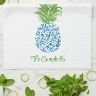Pineapple Chinoiserie Blue White Preppy Name Tea Towel