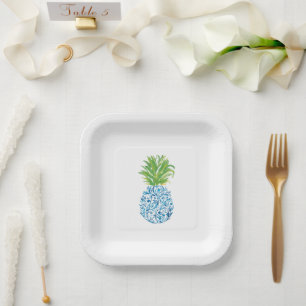 Pineapple Chinoiserie Blue White Preppy Paper Plate
