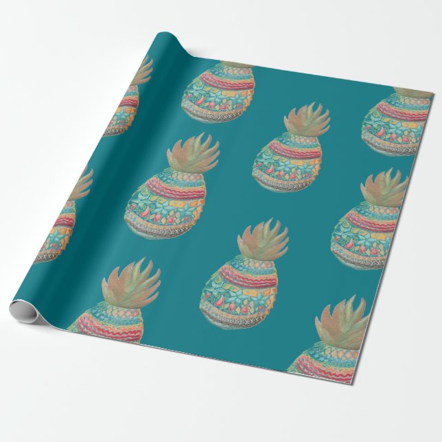 Pineapple Christmas Wrapping Aqua Paper (Unrolled)