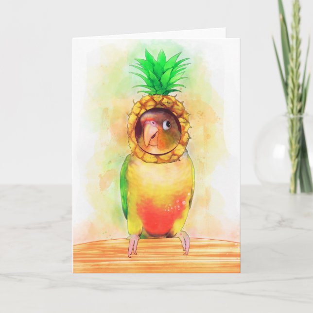 Pineapple conure parrot with pineapple hat holiday card (Front)