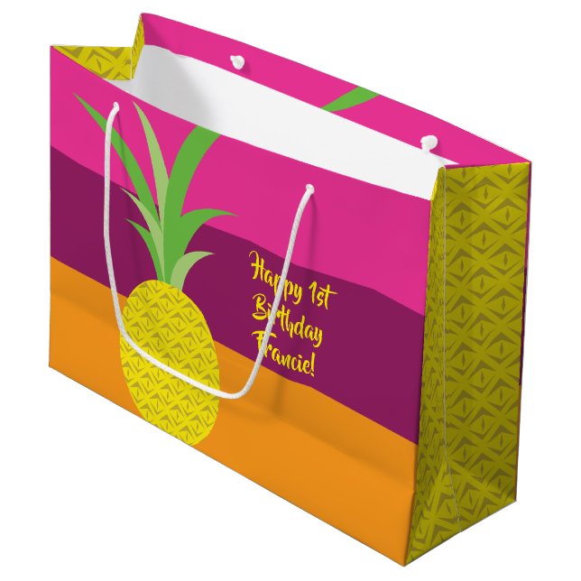 Pineapple Cute Summer 1st Birthday Party Theme Large Gift Bag (Front Angled)